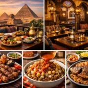 Authentic Egyptian food table with mixed grills, mezze, and baladi bread overlooking the Pyramids of Giza at sunset in Cairo
