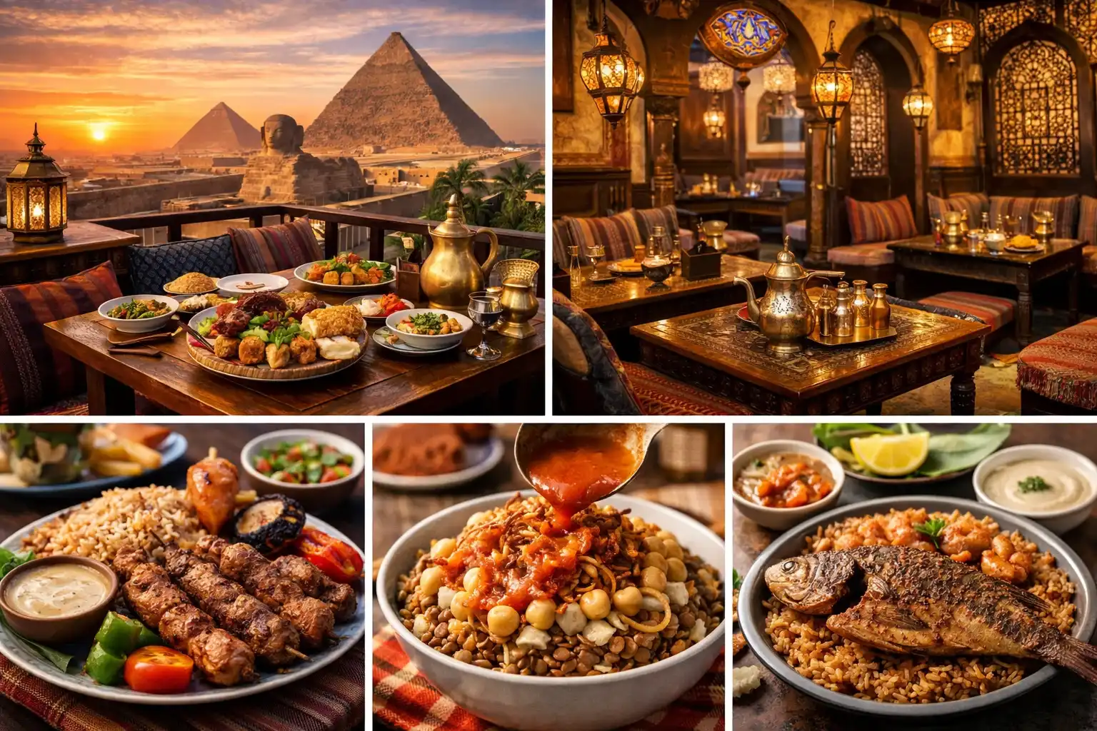 Authentic Egyptian food table with mixed grills, mezze, and baladi bread overlooking the Pyramids of Giza at sunset in Cairo