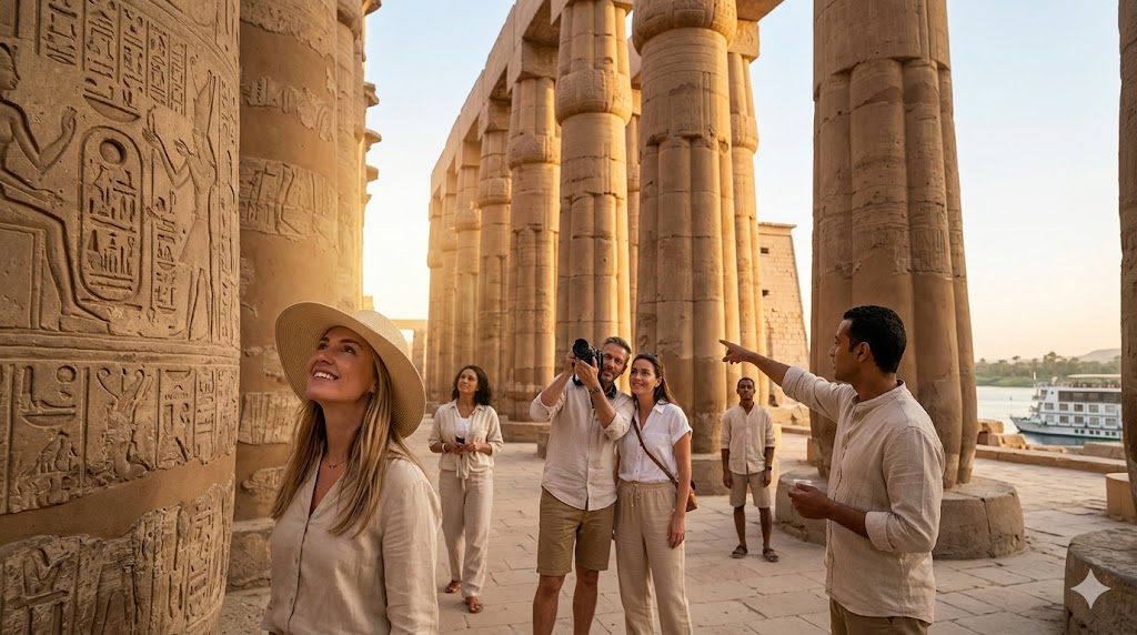 Tourists visiting Karnak Temple in comfortable October weather during a Nile cruise