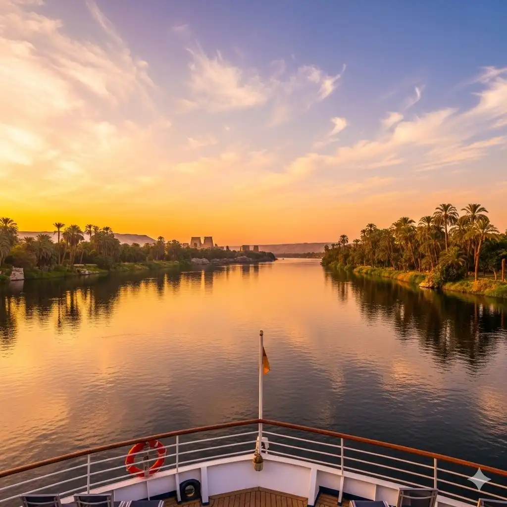 Panoramic Nile River view at golden hour from a cruise ship deck in Egypt Best Time to Visit Egypt Nile Cruise
