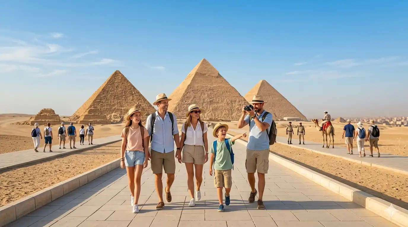 Tourists safely visiting the Pyramids of Giza in Egypt with blue sky background Is It Safe to Visit the Pyramids in Egypt