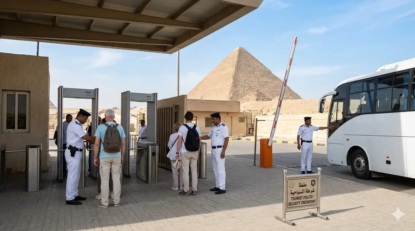  Security checkpoint at Giza Pyramids entrance with tourist police officers Safe to Visit the Pyramids in Egypt