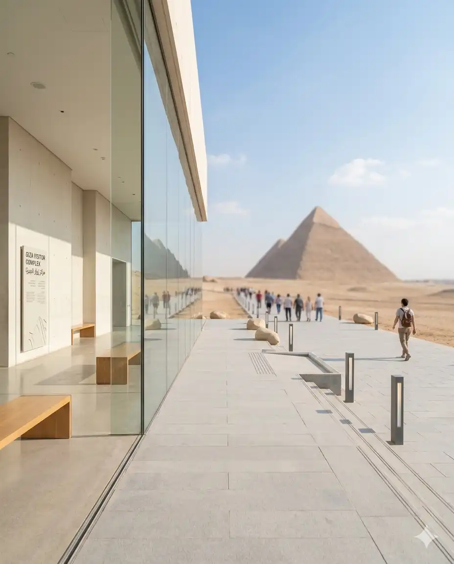 Inside view of the Giza Pyramids complex with new walkways and visitor center