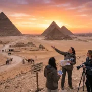 giza plateau at sunrise near the great pyramid for early entry planning Best Place to Stay in Egypt for Pyramids