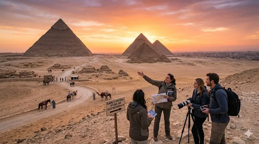 giza plateau at sunrise near the great pyramid for early entry planning Best Place to Stay in Egypt for Pyramids