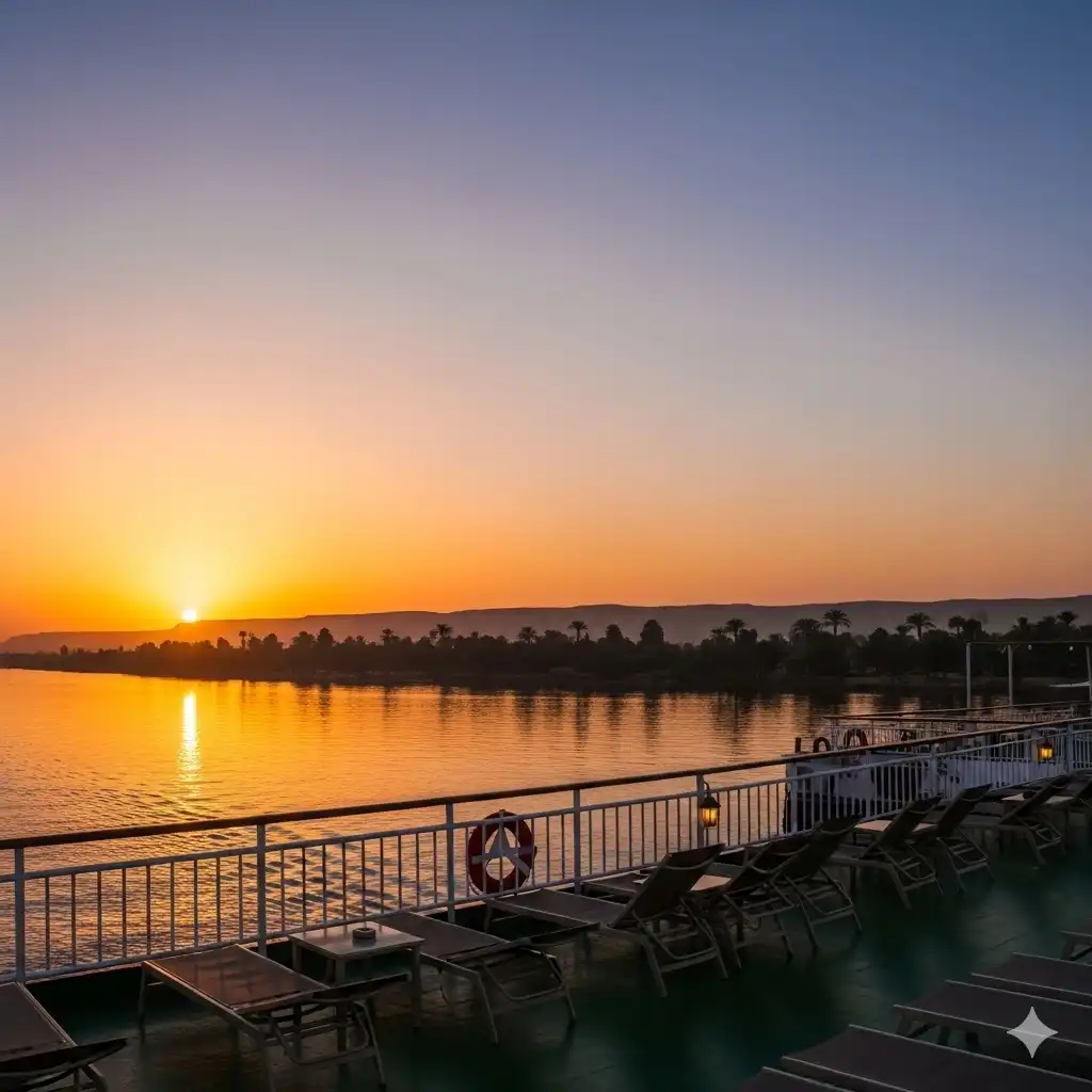 Nile cruise deck view at sunset during November in Egypt
