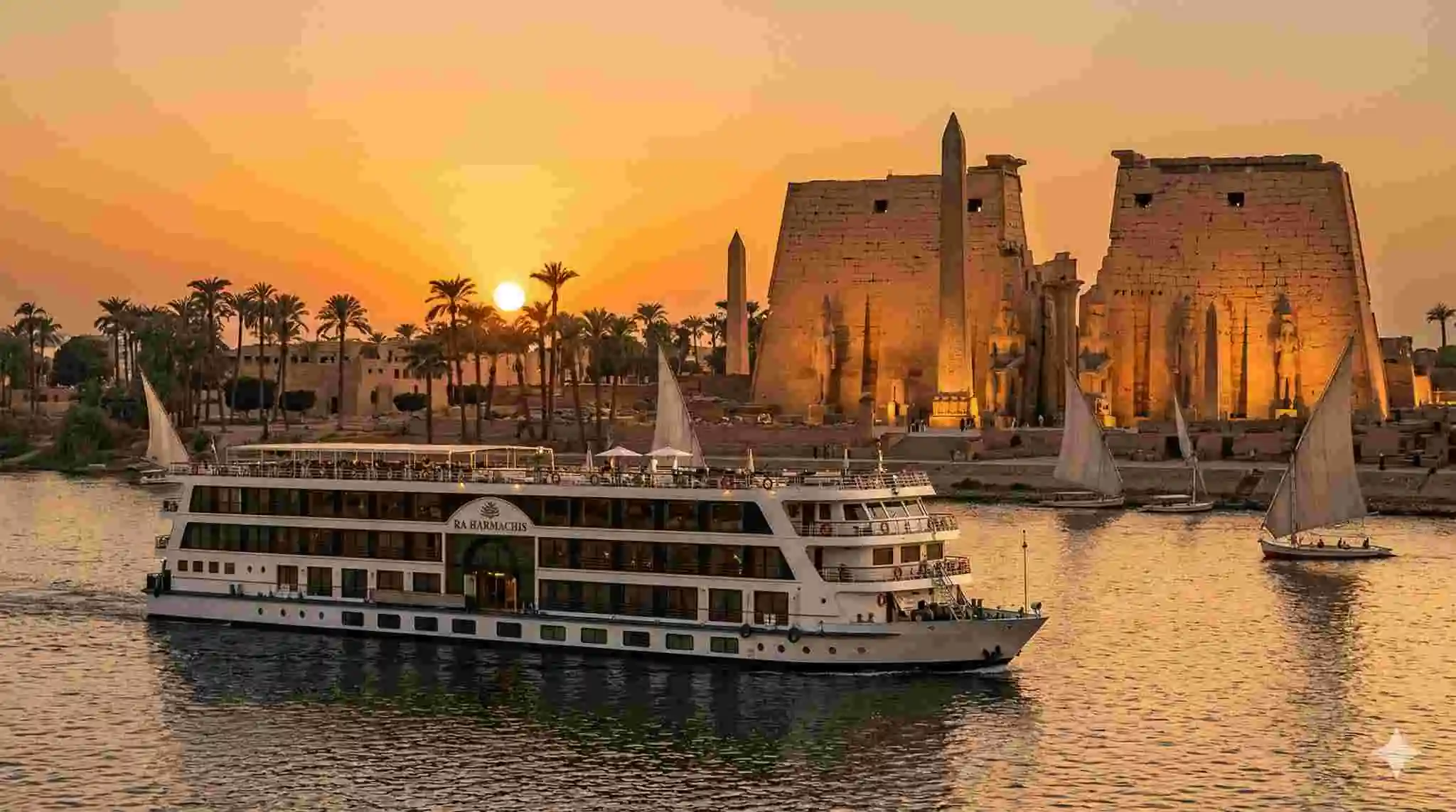 Nile River cruise ship sailing past ancient temples during the best season in Egypt best time to visit egypt nile cruise